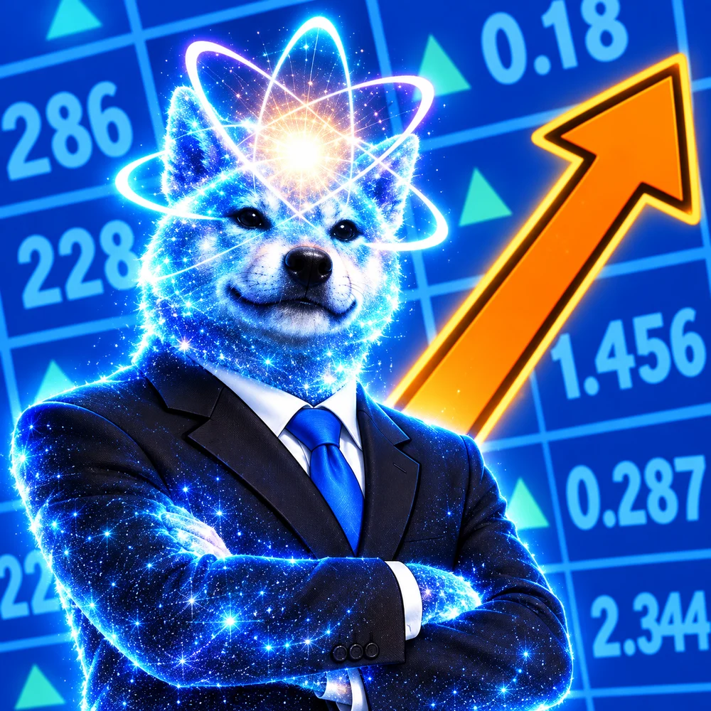 Quantunk Inu in a suit with a glowing atom